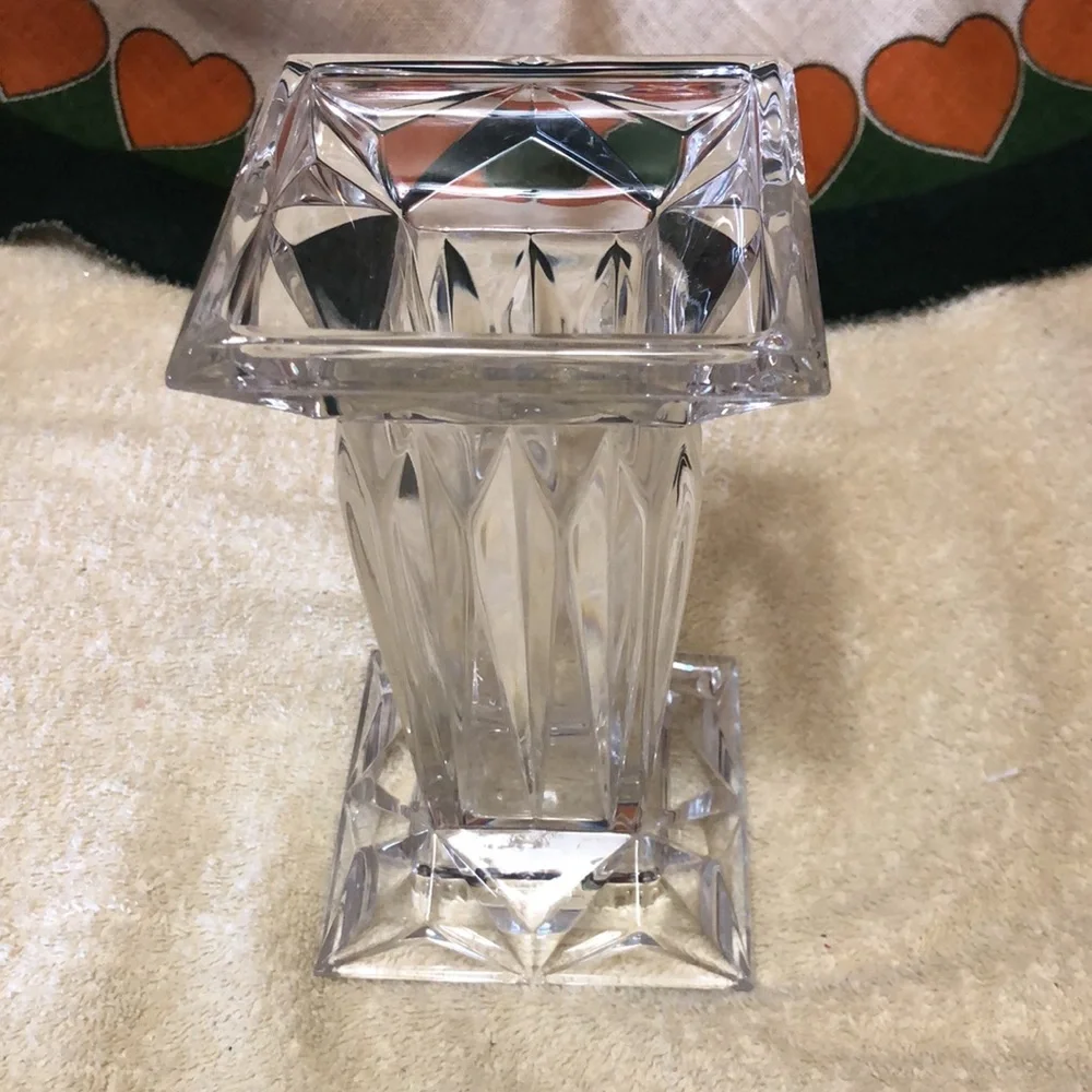 Vintage Heavy Cut Glass Pedestal Candle Holder/Vase, Reversible 7x4”
